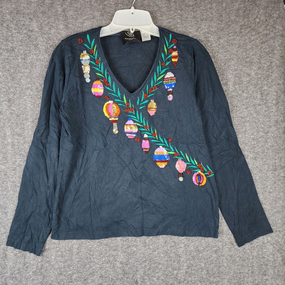 Michael Simon Top Womens S Event Black Christmas Ornament Beaded Sequined EUC